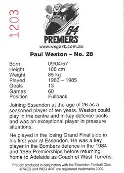 2002 Weg Art '84 Premiers #16 Paul Weston Back